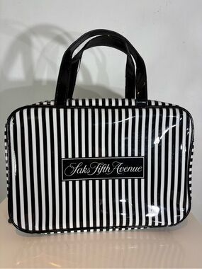 Saks Fifth Avenue Black & White Striped Hanging Travel Cosmetic Bag